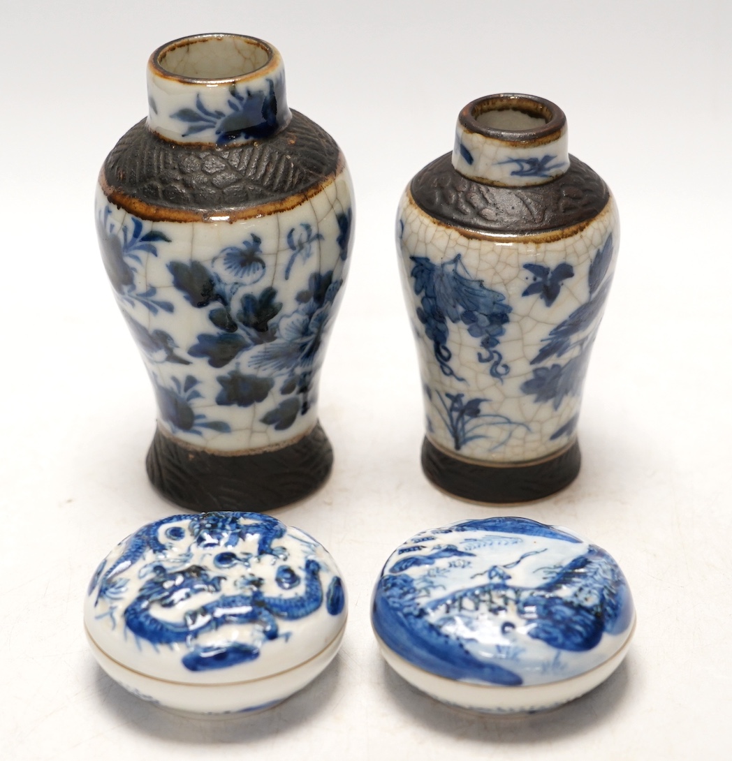 Chinese blue and white ceramics comprising crackle glaze vases and circular seal pots (4). Condition - fair to good, a few minor chips